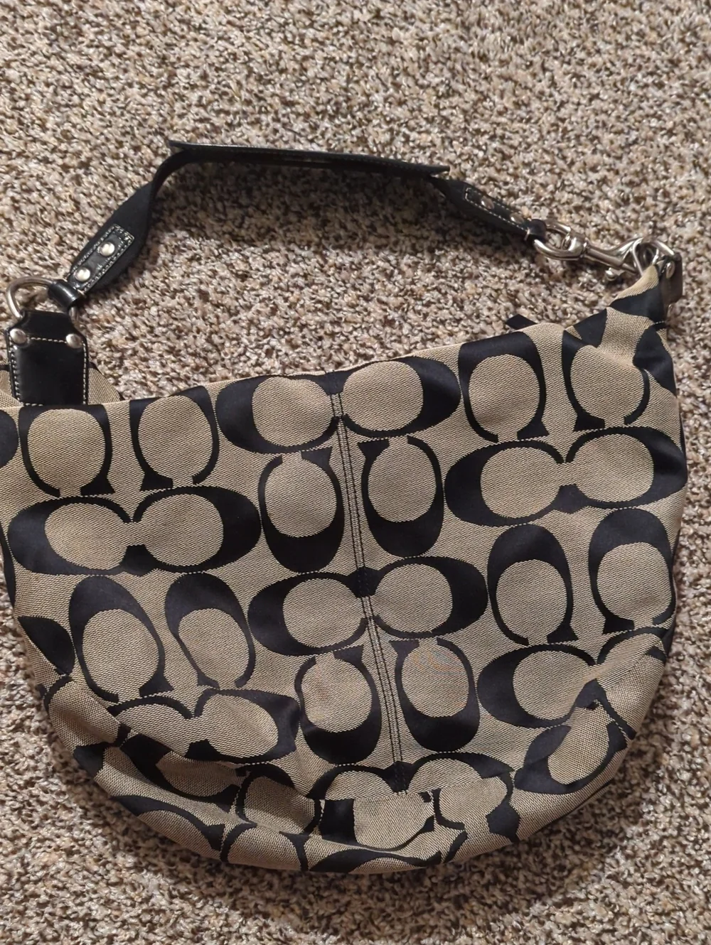 Coach Signature Canvas Shoulder Bag in Khaki and Black
